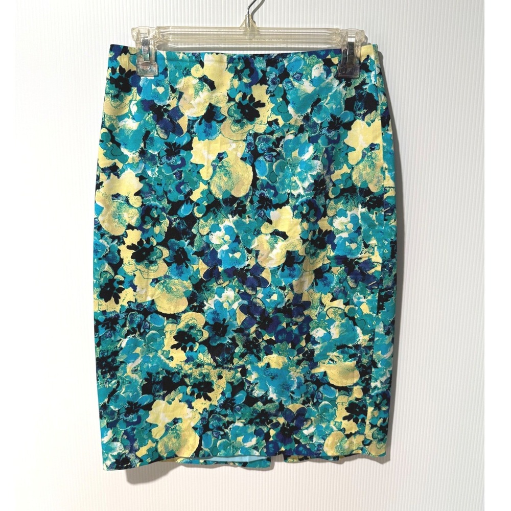Ann Taylor Garden Party Floral Pencil Skirt Size 0 Blue Yellow Stretch Lined